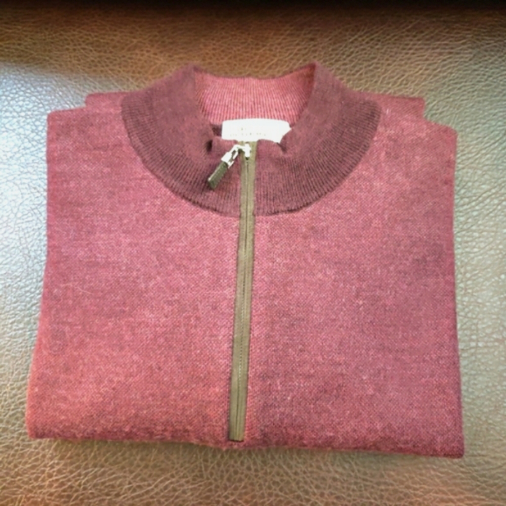PETER MILLAR Burgundy Heathered Merino Wool 1/4 Zip Mock Neck Pullover Sweater